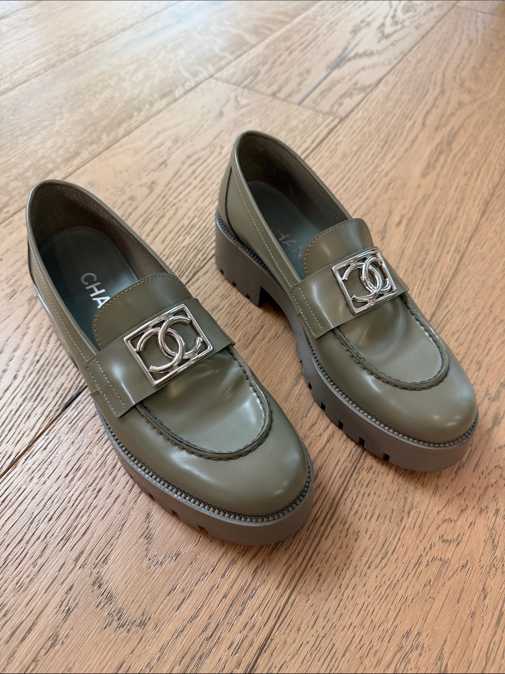Chanel Khaki Green Leather Lug Sole Loafers